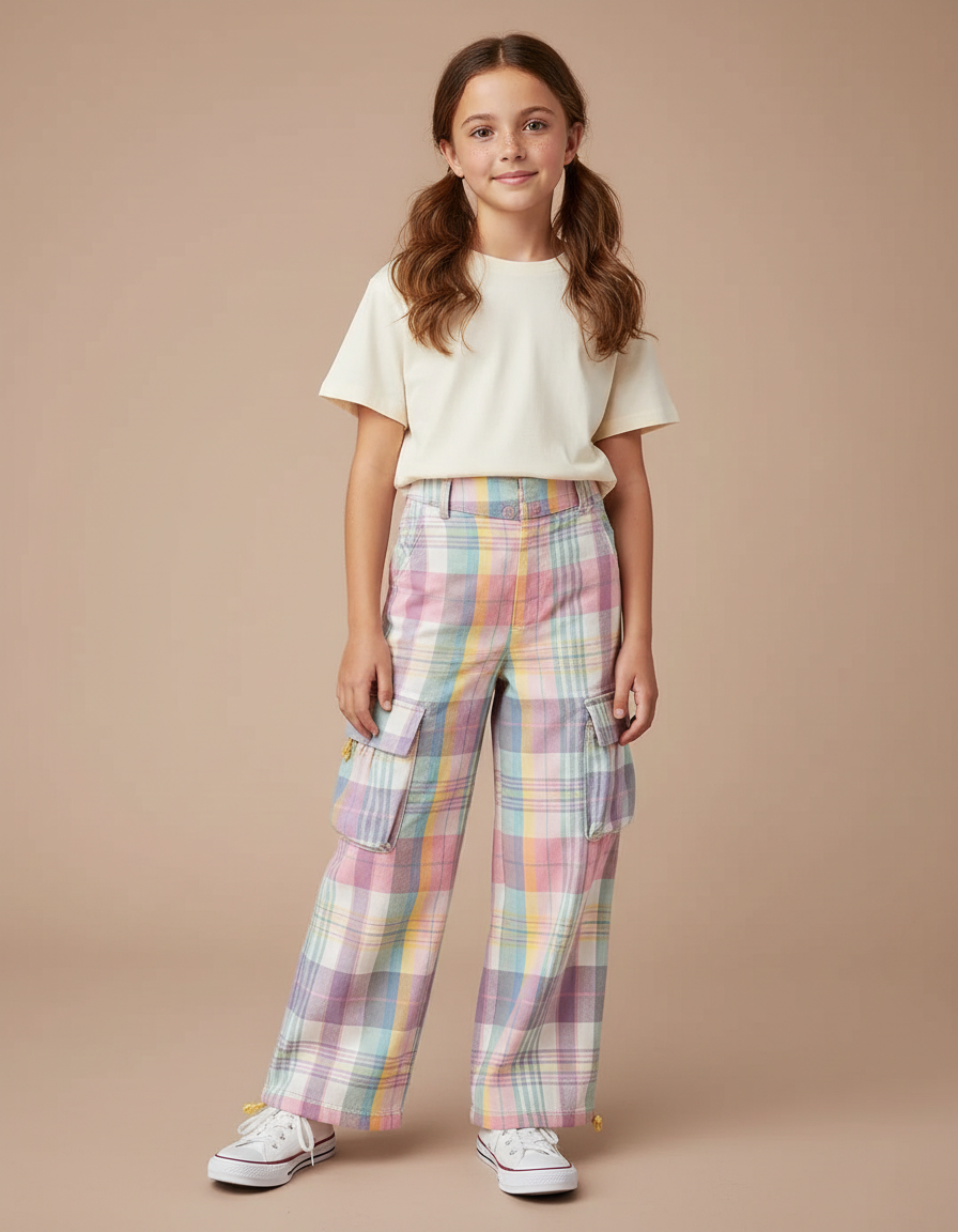 Pantalon Cargo Plaid Pastel Ample Fille Casual - Multicolore Coton
