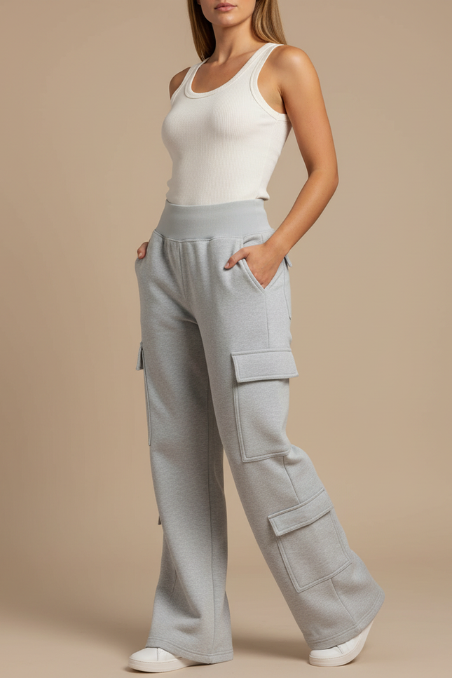 Pantalon Cargo Gris Ample Molleton Décontracté Multipoches