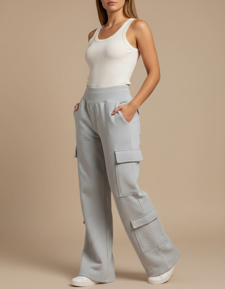 Pantalon Cargo Gris Ample Molleton Décontracté Multipoches