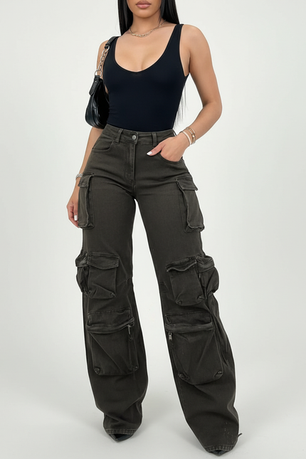 Pantalon Cargo Kaki Ample Multipoches Femme Y2K - Toile