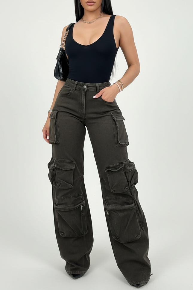Pantalon Cargo Kaki Ample Multipoches Femme Y2K - Toile