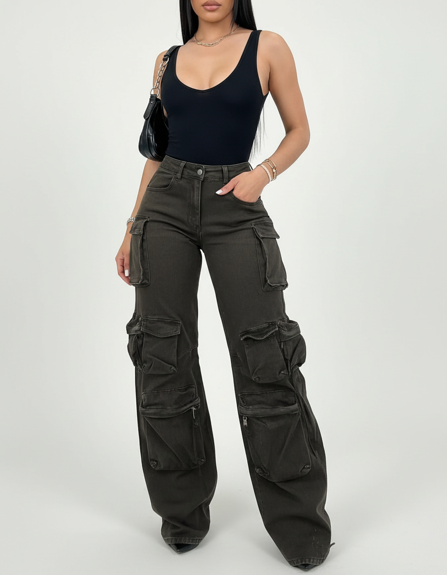 Pantalon Cargo Kaki Ample Multipoches Femme Y2K - Toile