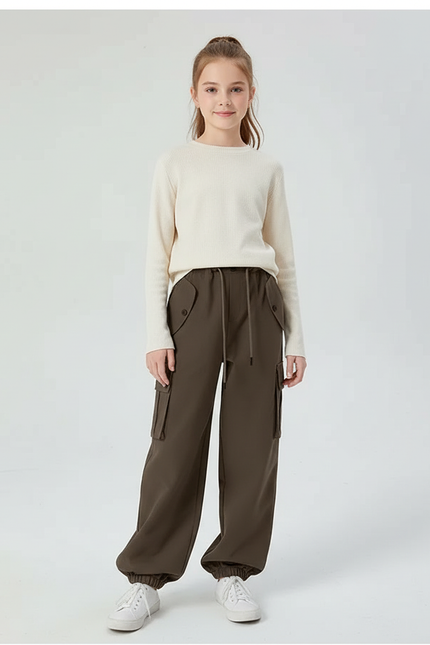 Pantalon Cargo Marron Ample Taille Élastique Fille - Kaki Molleton