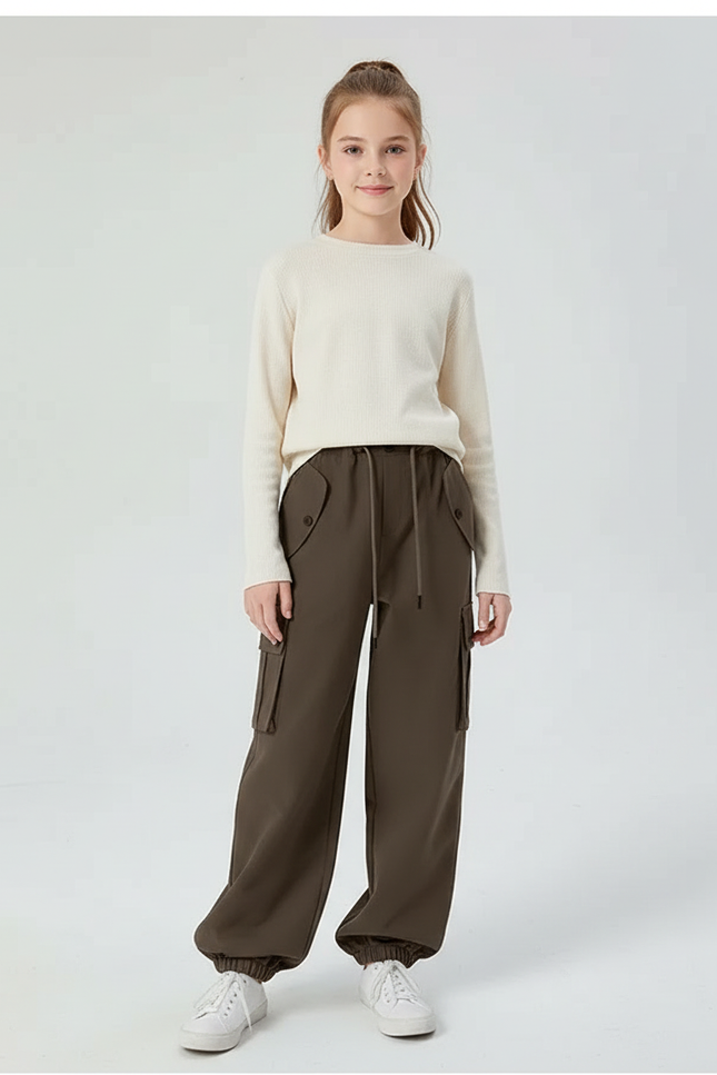 Pantalon Cargo Marron Ample Taille Élastique Fille - Kaki Molleton