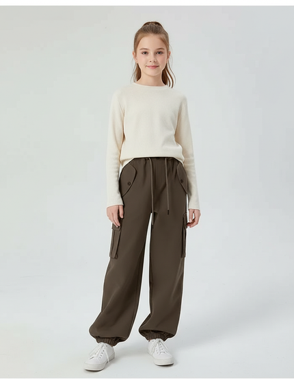 Pantalon Cargo Marron Ample Taille Élastique Fille - Kaki Molleton