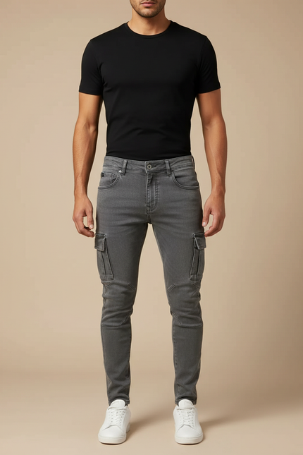 Pantalon Cargo Gris Skinny Multipoches Coton Homme - Jean