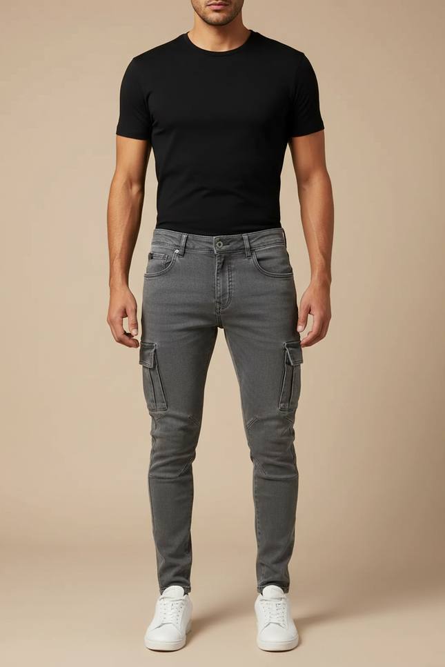 Pantalon Cargo Gris Skinny Multipoches Coton Homme - Jean