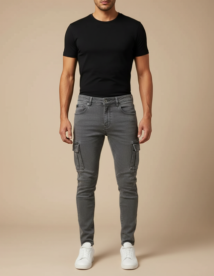 Pantalon Cargo Gris Skinny Multipoches Coton Homme - Jean
