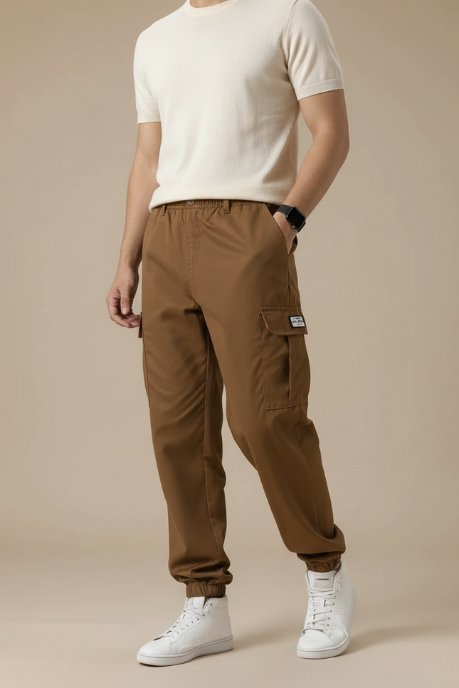Pantalon Cargo Marron Jogger Ample Coton Multipoches - Gabardine