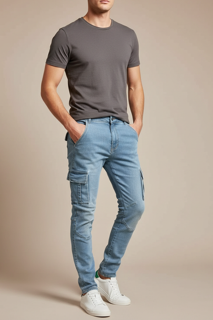 Pantalon Cargo Bleu Clair Slim Multipoches Homme - Jean