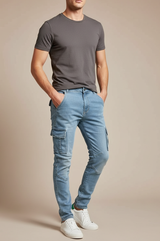 Pantalon Cargo Bleu Clair Slim Multipoches Homme - Jean