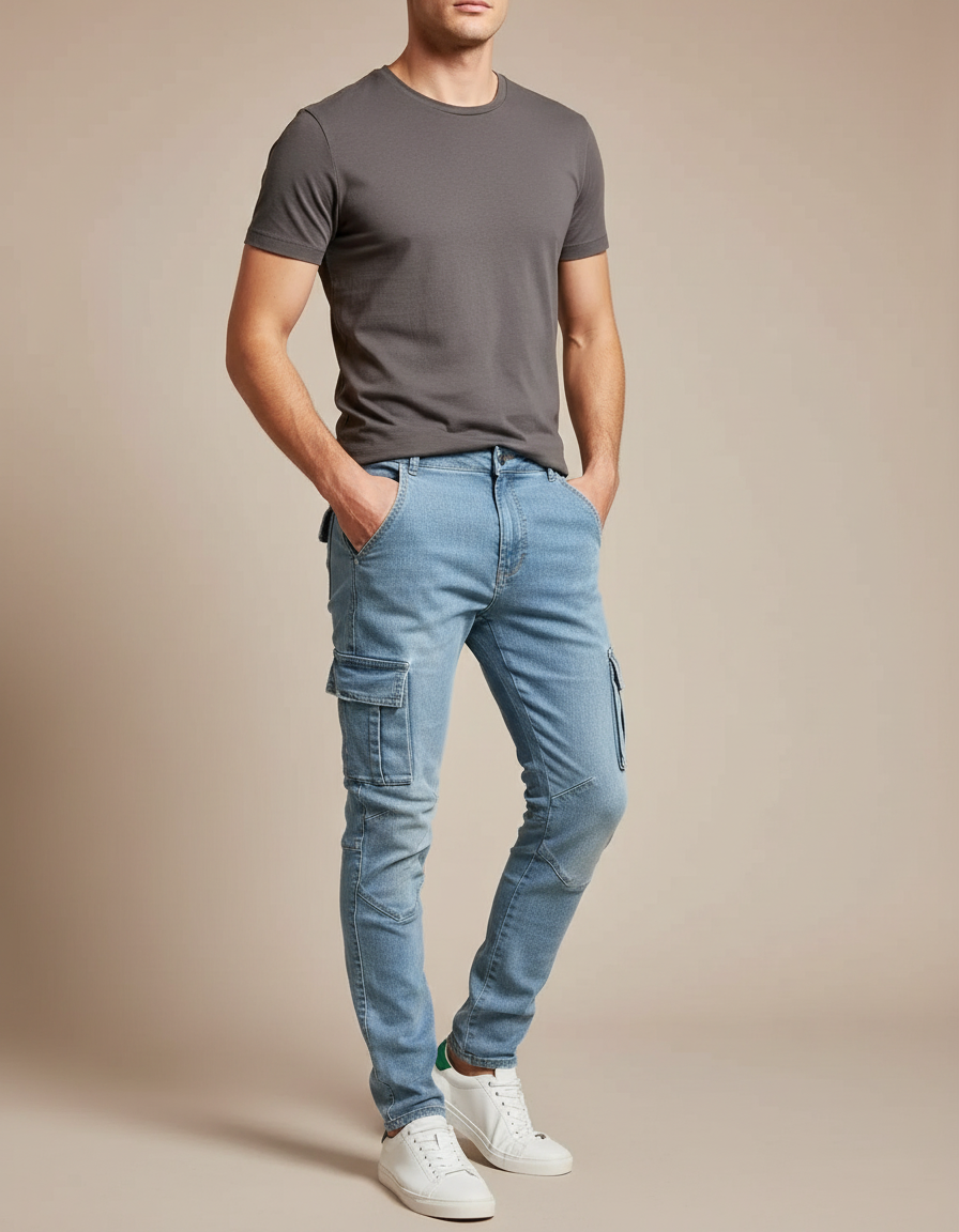 Pantalon Cargo Bleu Clair Slim Multipoches Homme - Jean