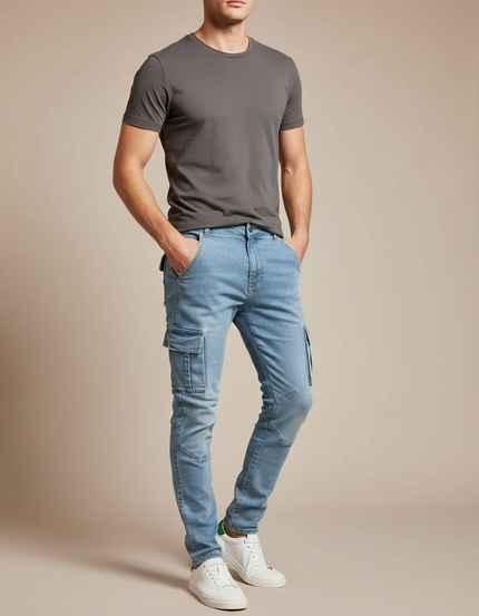 Pantalon Cargo Bleu Clair Slim Multipoches Homme - Jean