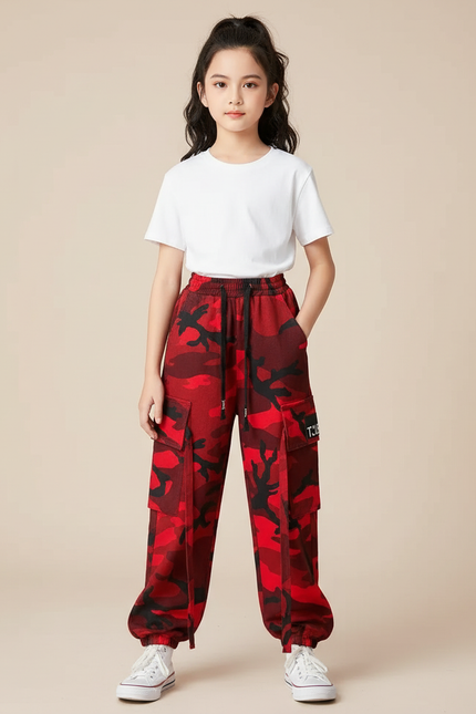 Pantalon Cargo Rouge Camouflage Ample Sportif Fille - Molleton