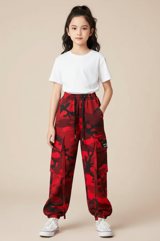 Pantalon Cargo Rouge Camouflage Ample Sportif Fille - Molleton
