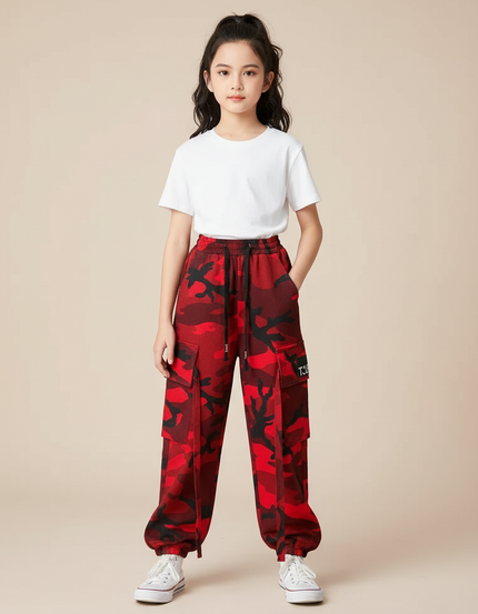 Pantalon Cargo Rouge Camouflage Ample Sportif Fille - Molleton