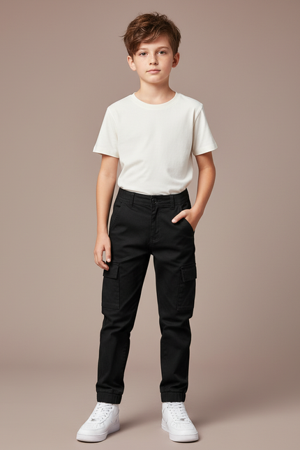 Pantalon Cargo Noir Coton Multipoches Enfant