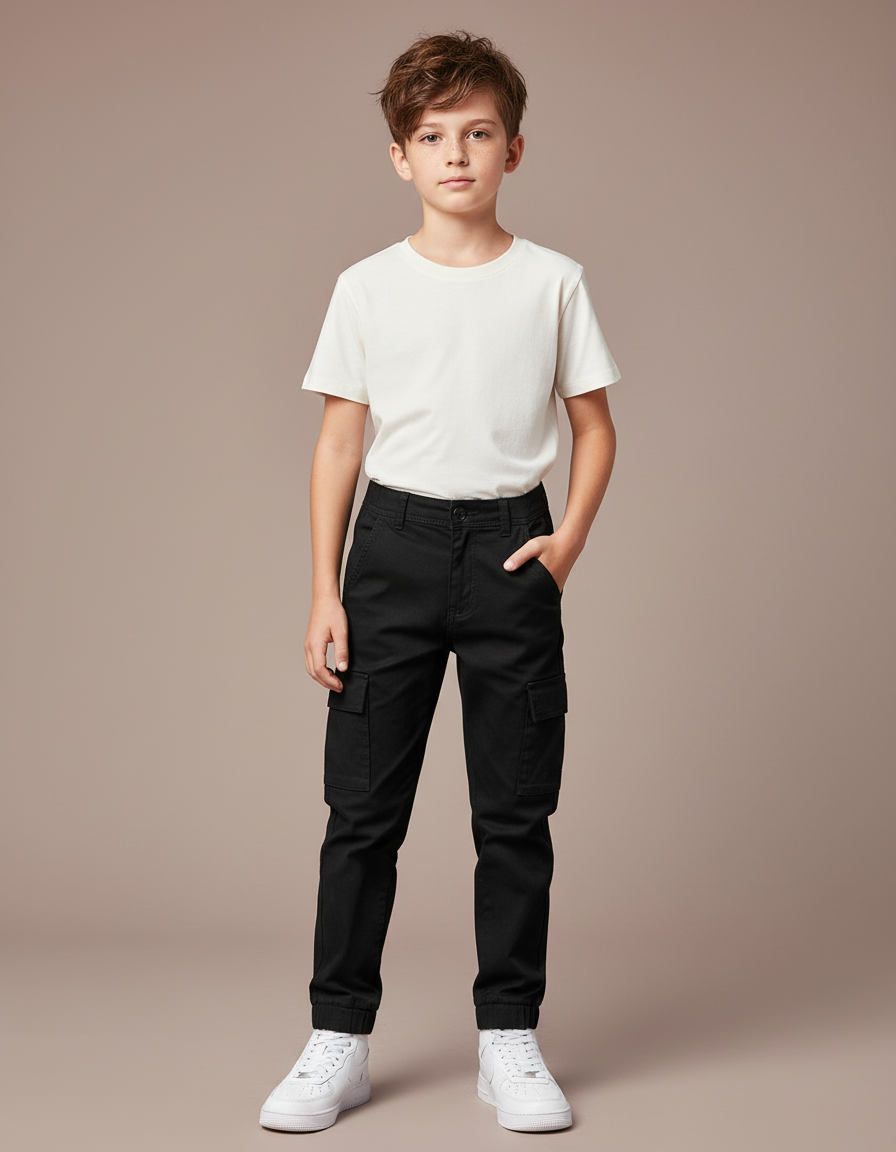 Pantalon Cargo Noir Coton Multipoches Enfant