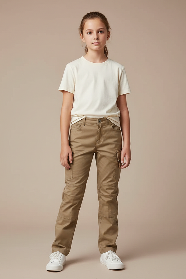 Pantalon Cargo Kaki Coupe Droite Enfant Décontracté - Toile