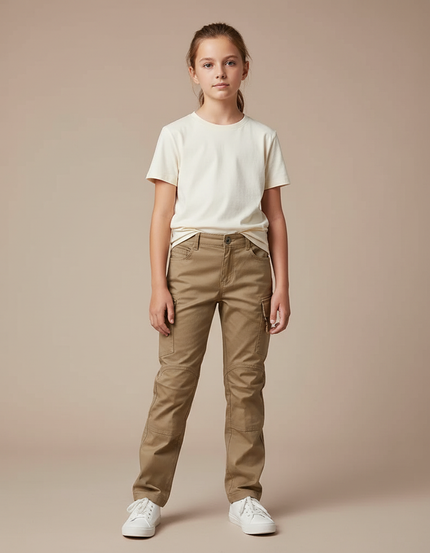 Pantalon Cargo Kaki Coupe Droite Enfant Décontracté - Toile