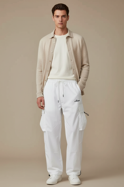Pantalon Cargo Blanc Ample Cordon Streetwear Homme - Polyester