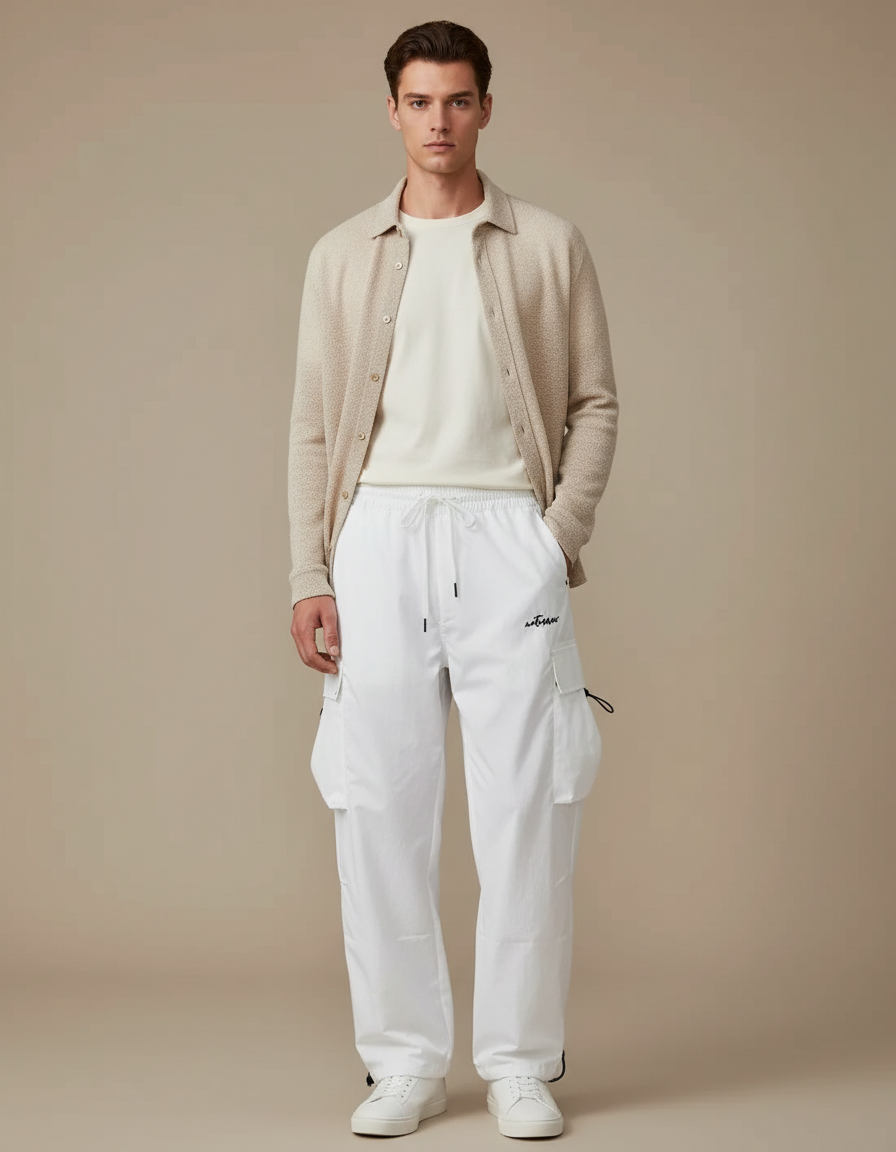 Pantalon Cargo Blanc Ample Cordon Streetwear Homme - Polyester