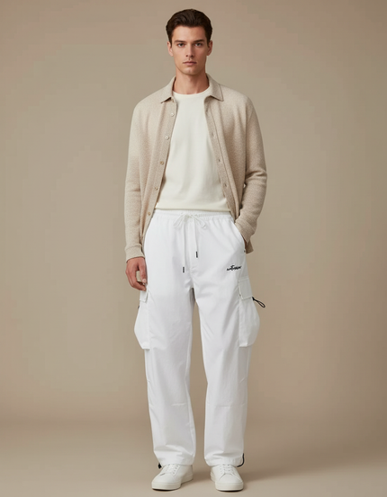 Pantalon Cargo Blanc Ample Cordon Streetwear Homme - Polyester