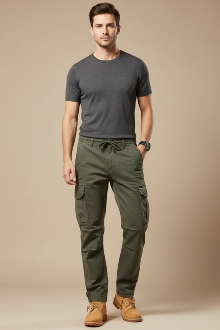 Pantalon Cargo Homme Vert Kaki Coton Multipoches