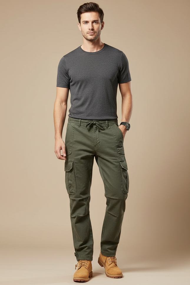 Pantalon Cargo Homme Vert Kaki Coton Multipoches