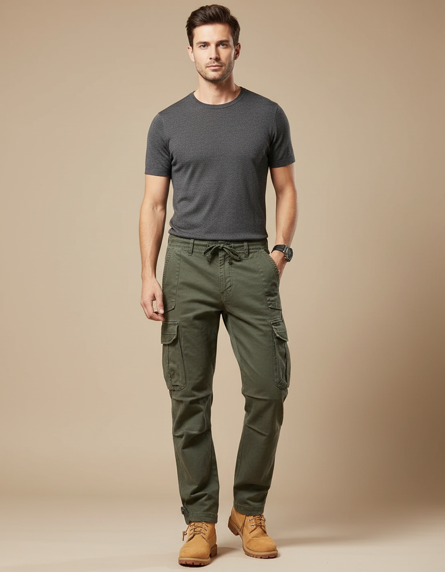 Pantalon Cargo Homme Vert Kaki Coton Multipoches