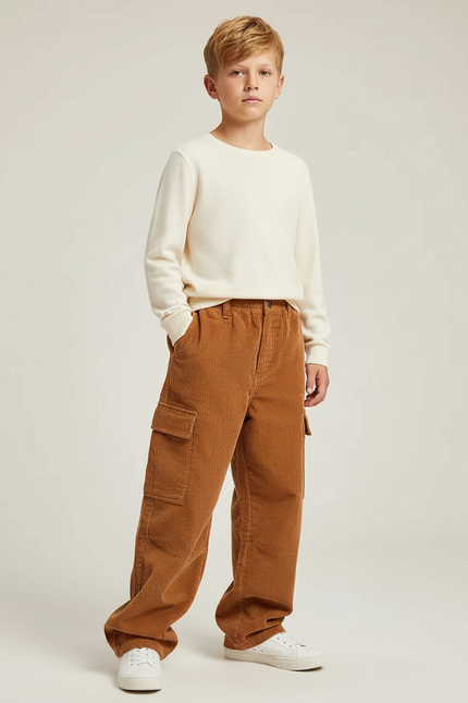 Pantalon Cargo Marron Côtelé Ample Décontracté Enfant - Cordé
