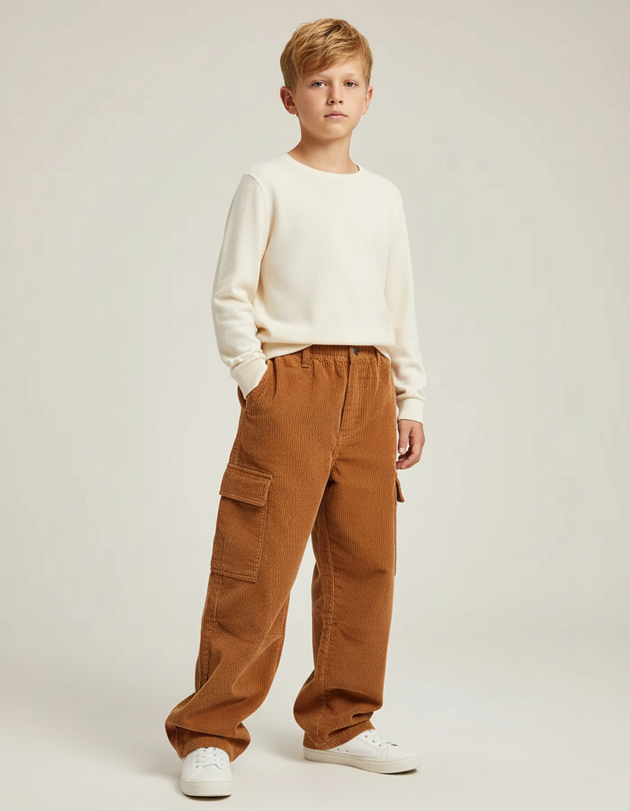 Pantalon Cargo Marron Côtelé Ample Décontracté Enfant - Cordé