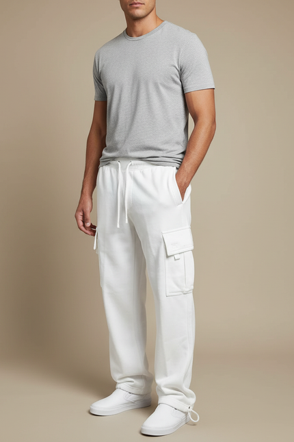 Pantalon Cargo Blanc Ample Molletonné Homme Sportif