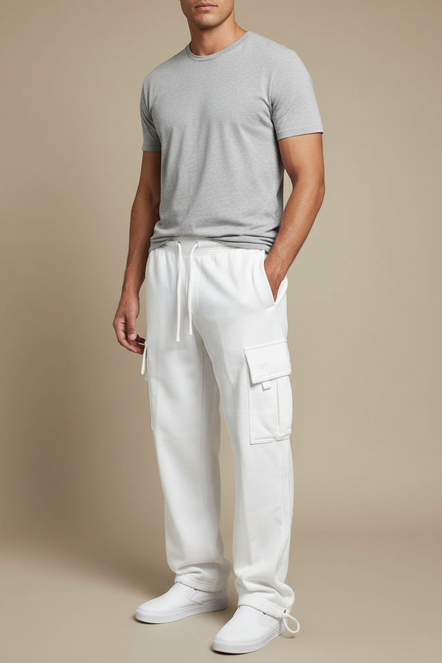 Pantalon Cargo Blanc Ample Molletonné Homme Sportif