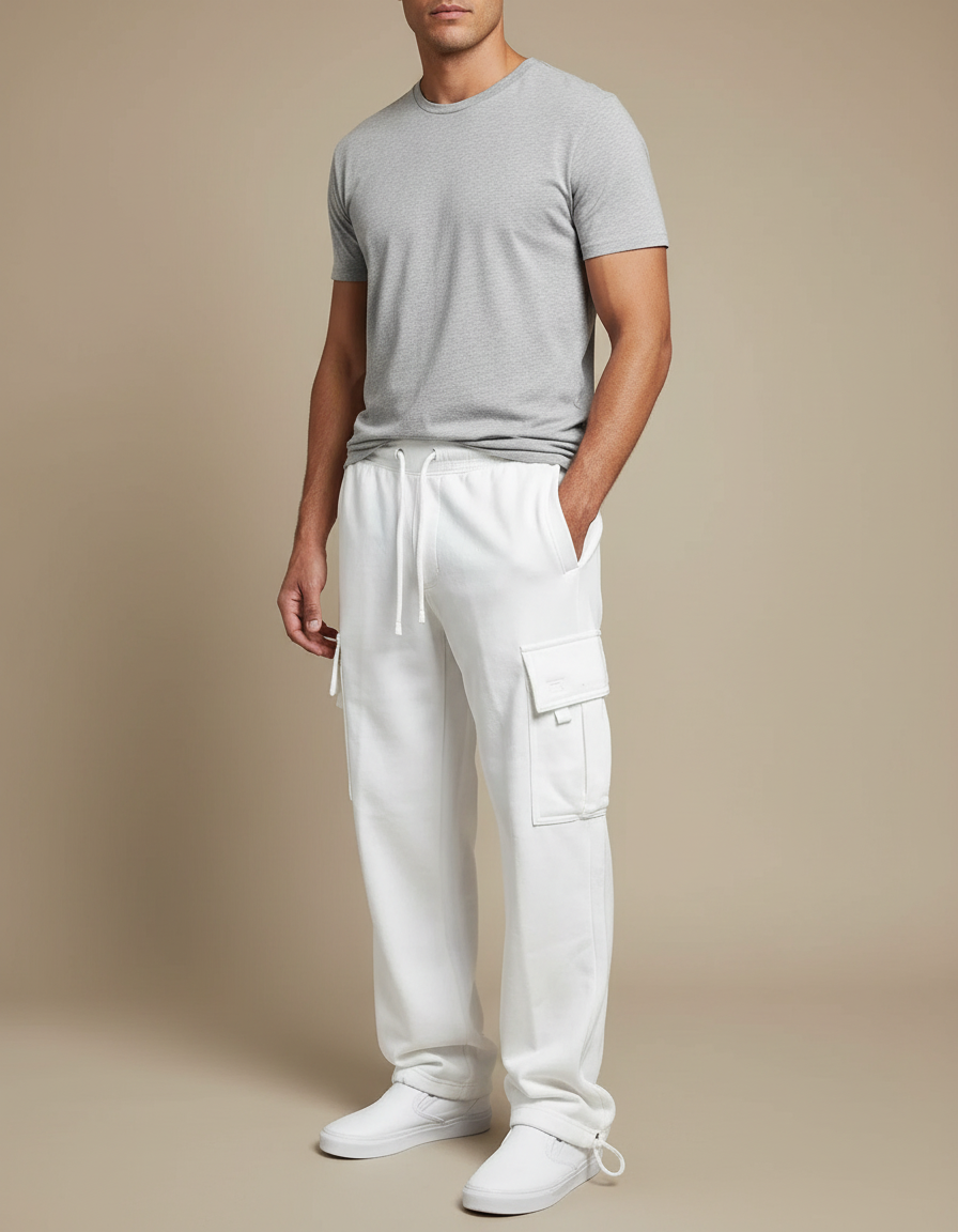 Pantalon Cargo Blanc Ample Molletonné Homme Sportif