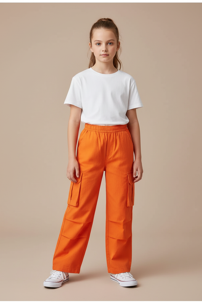 Pantalon Cargo Orange Ample Enfant Poches Coton - Toile