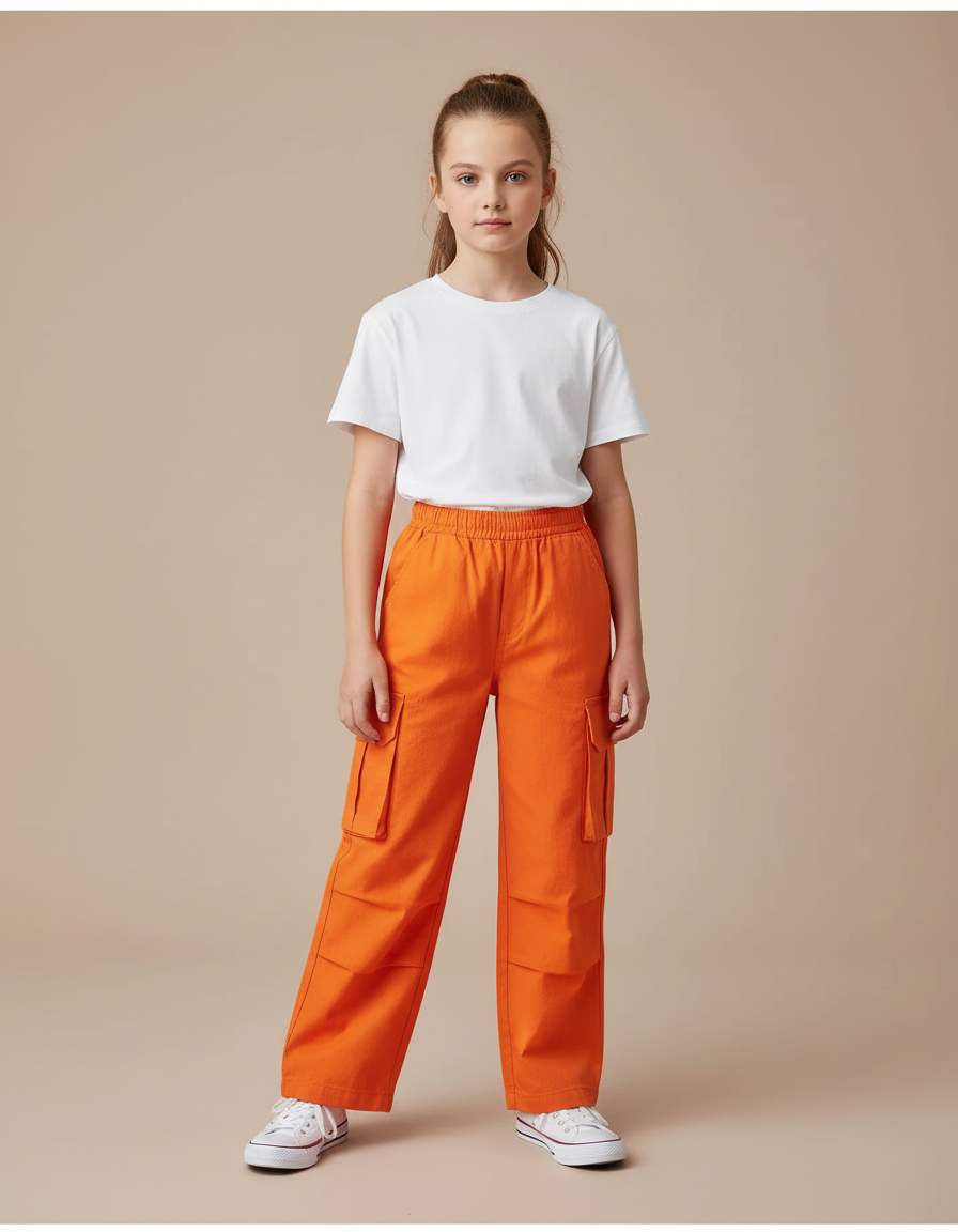 Pantalon Cargo Orange Ample Enfant Poches Coton - Toile