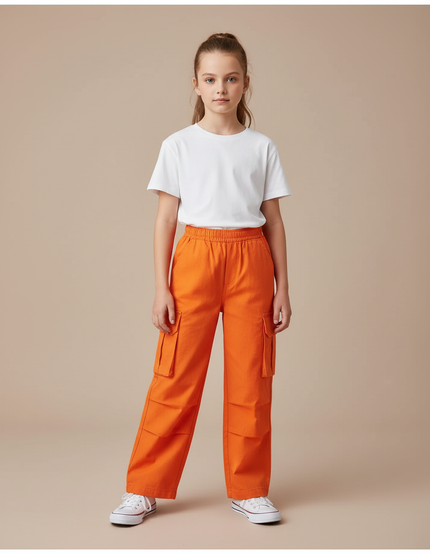Pantalon Cargo Orange Ample Enfant Poches Coton - Toile