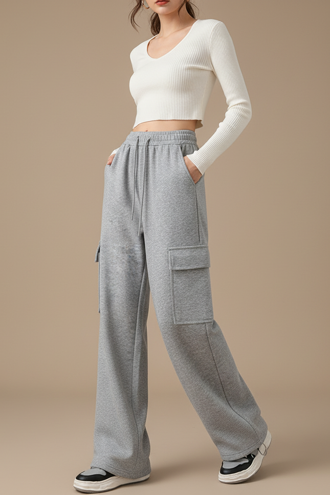 Pantalon Cargo Gris Molletonné Ample Décontracté