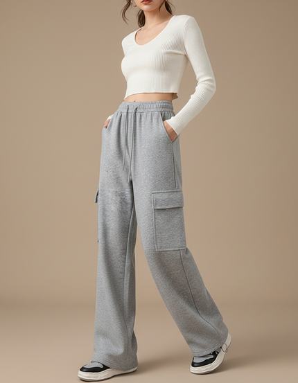 Pantalon Cargo Gris Molletonné Ample Décontracté