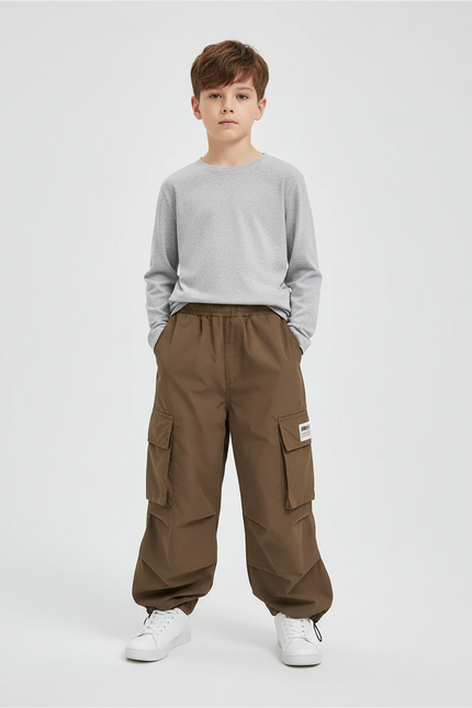 Pantalon Cargo Marron Ample Multipoches Enfant Décontracté - Polyester