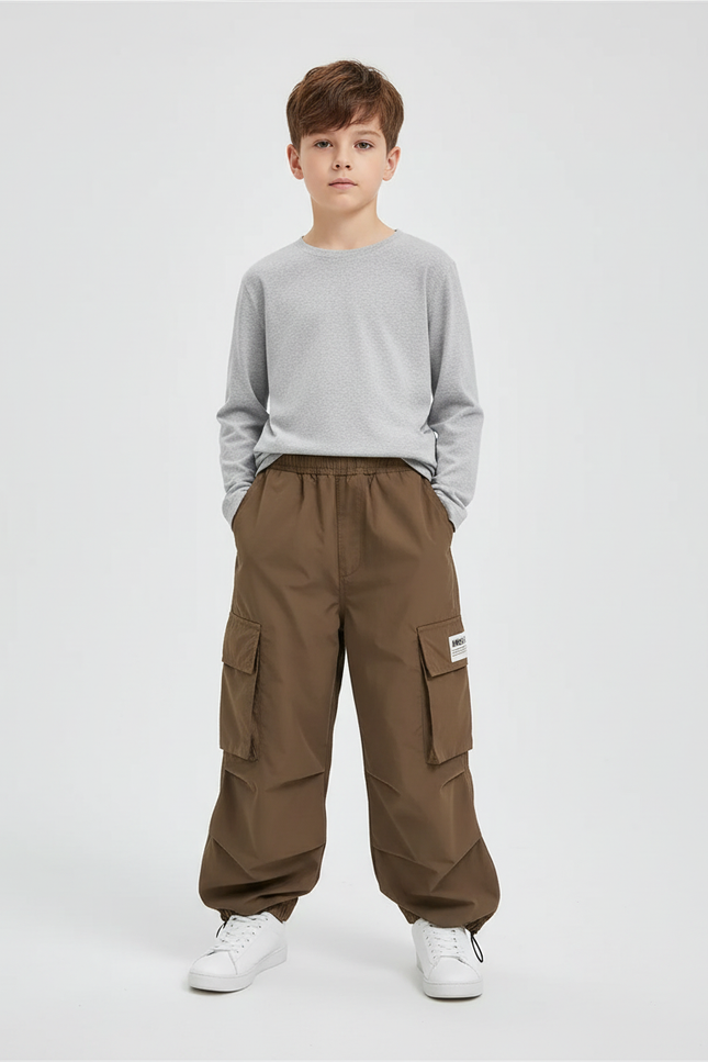Pantalon Cargo Marron Ample Multipoches Enfant Décontracté - Polyester