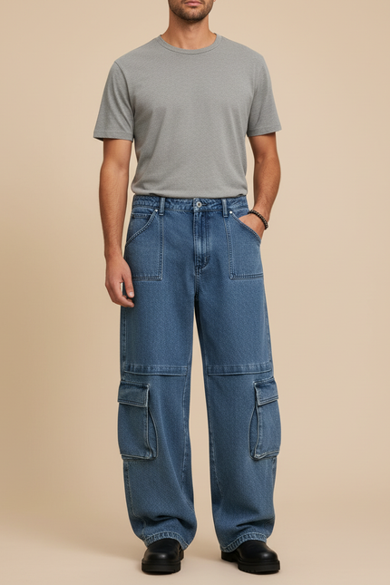 Pantalon Cargo Bleu Délavé Ample Multipoches Homme - Jean