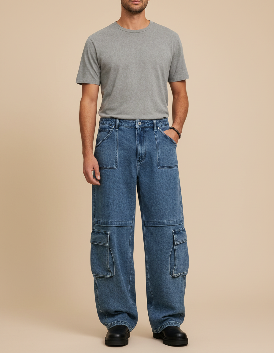 Pantalon Cargo Bleu Délavé Ample Multipoches Homme - Jean