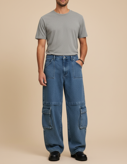 Pantalon Cargo Bleu Délavé Ample Multipoches Homme - Jean