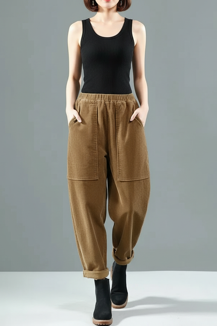 Pantalon Cargo Marron Côtelé Ample Décontracté Femme - Cordé