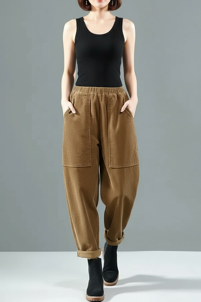 Pantalon Cargo Marron Côtelé Ample Décontracté Femme - Cordé