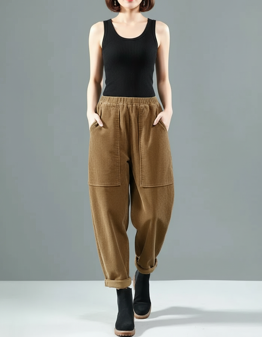Pantalon Cargo Marron Côtelé Ample Décontracté Femme - Cordé