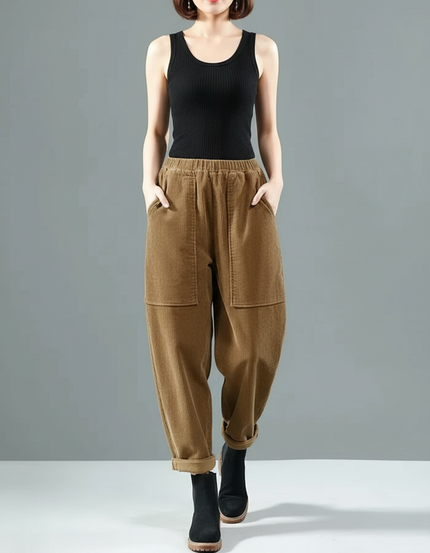 Pantalon Cargo Marron Côtelé Ample Décontracté Femme - Cordé