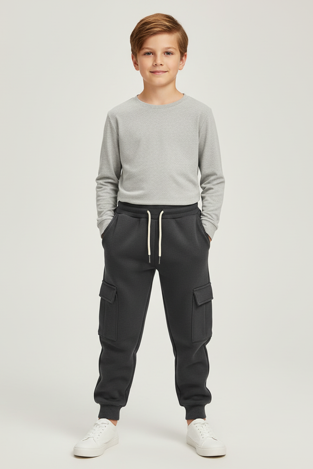 Pantalon Cargo Gris Foncé Molletonné Décontracté Multipoches